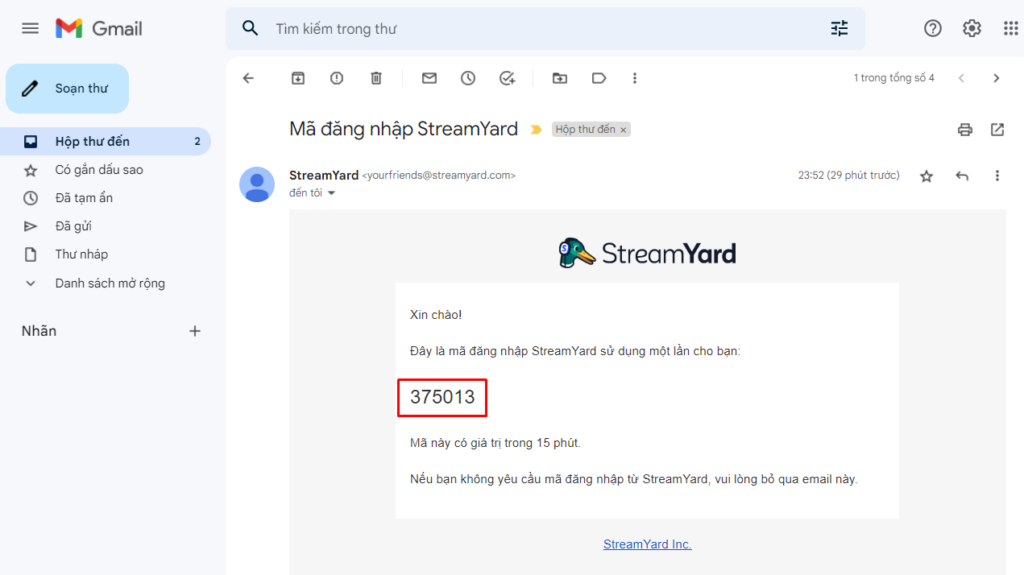 Đăng nhập StreamYard với code trong email (1)